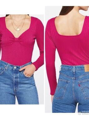 Heatherly Magenta Pink Ribbed Bow Knot Bodysuit L